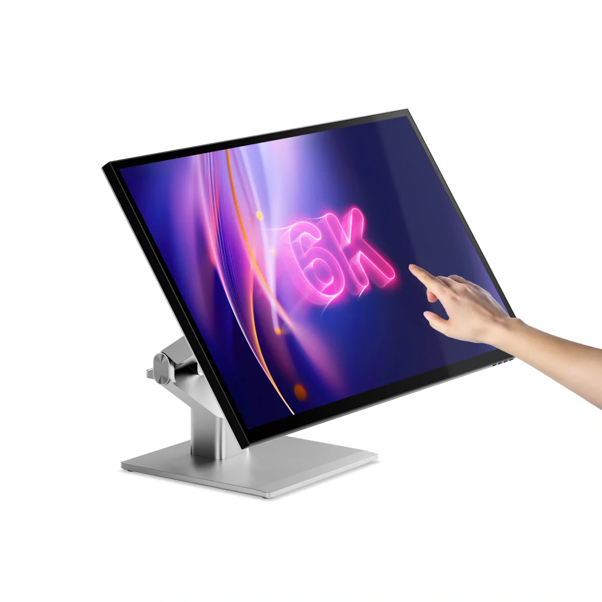 Touchscreen monitor with a hand pointing at '6K' resolution on the screen