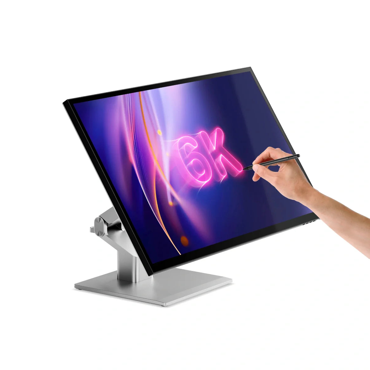 6K Touchscreen monitor with a hand using a stylus on a white background