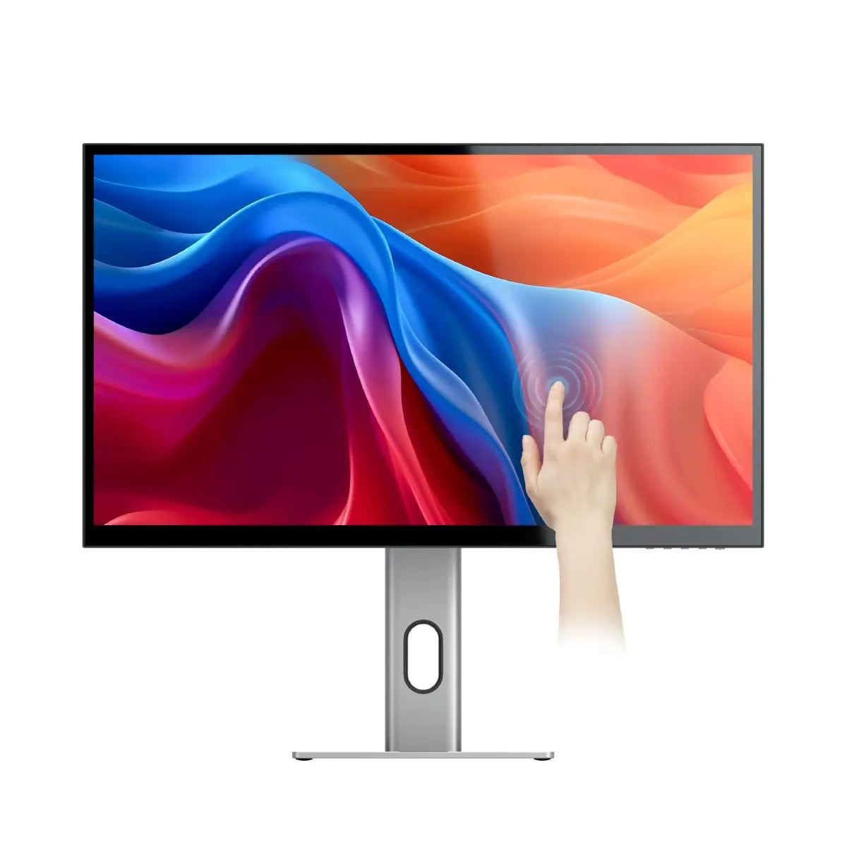 A 27-inch UHD monitor with a colorful screen displaying a graphic image, showcasing the touch-sensitive feature of the display.
