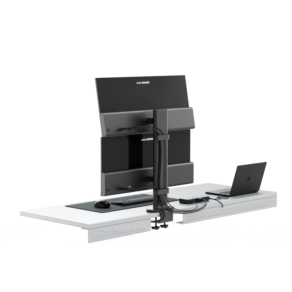 Computer setup with dual monitor stand and laptop on a white background