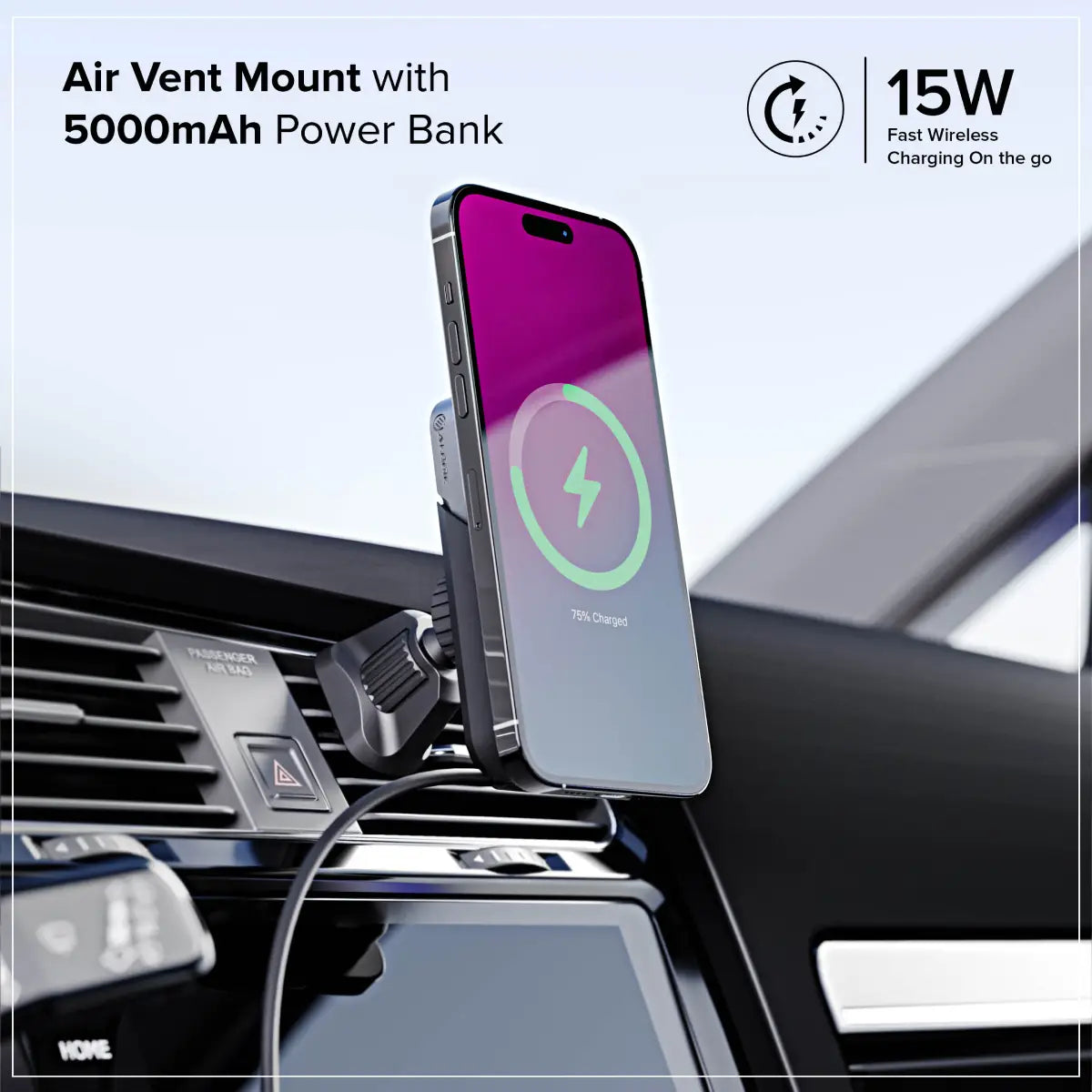 Matrix+ Universal Wireless Car Charger with 5000mAH Wireless Magnetic Power Bank, Air Vent and Dashboard Mount