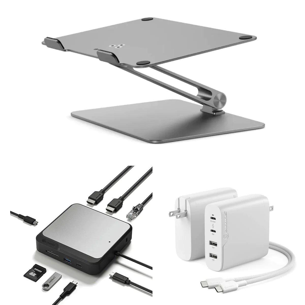 Elite Adjustable Laptop Stand + Dual 4K Universal Docking Station – HDMI Edition + 4 Port 100W GaN Charger